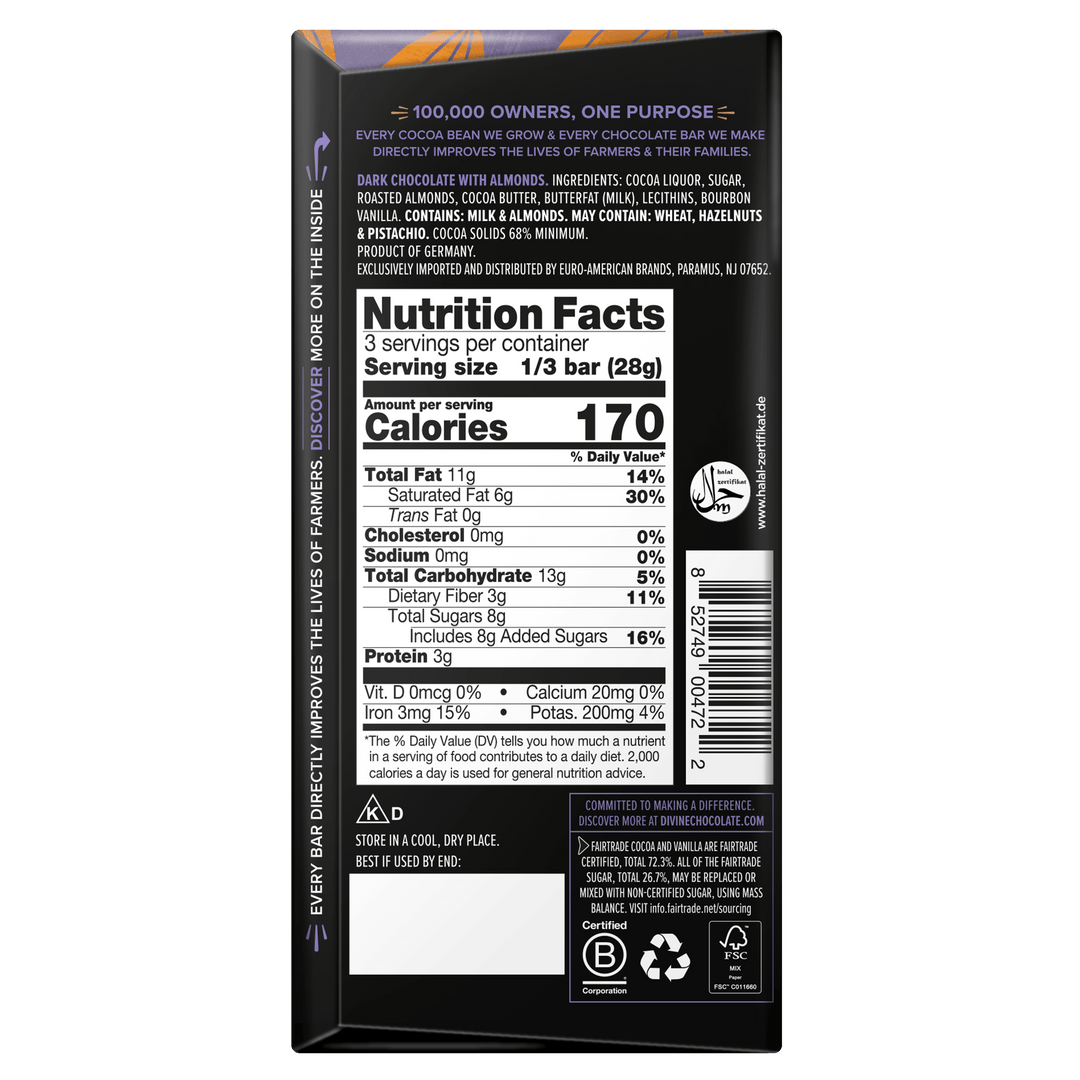 The back of a dark chocolate bar package showing Nutrition Facts, ingredients, and storage information on a plain white background.