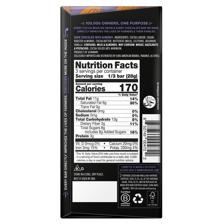 The back of a dark chocolate bar package showing Nutrition Facts, ingredients, and storage information on a plain white background.