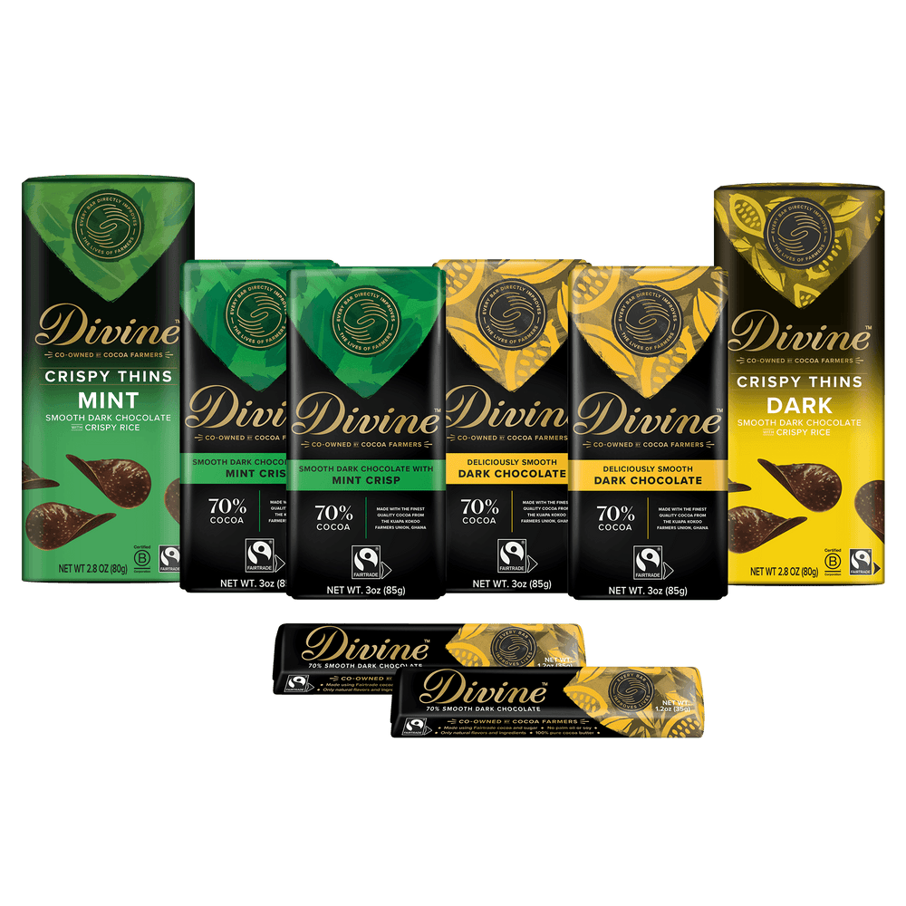 A group of Divine brand chocolate bars and tins arranged on a plain white background. The products include mint and dark chocolate varieties, with packaging in green, black, and yellow.