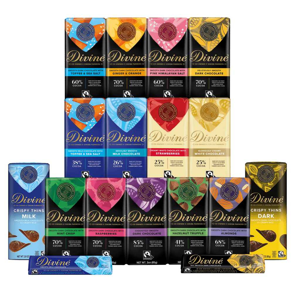 A collection of Divine Chocolate bars and boxes arranged in a grid on a solid white background, showcasing various flavors and chocolate types.