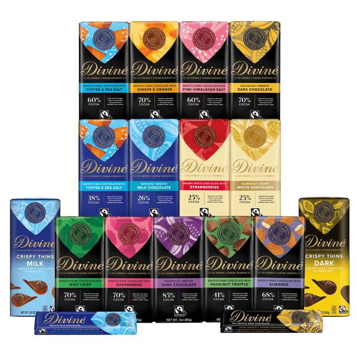 A collection of Divine Chocolate bars and boxes arranged in a grid on a solid white background, showcasing various flavors and chocolate types.