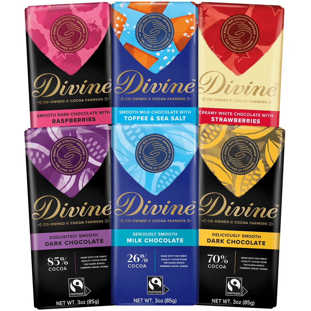 Six Divine Fair Trade chocolate bars in a 2x3 grid, featuring different flavor options: Raspberry, Toffee & Sea Salt, Strawberry, Exquisitely Smooth Dark Chocolate, Seriously Smooth Milk Chocolate, and Deliciously Smooth Dark Chocolate. Each bar has its own vibrant color block design on the wrapper.