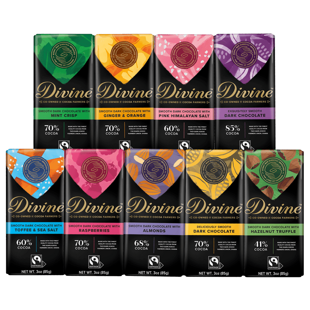 A 9-pack assortment of Divine Chocolate Company dark chocolate bars in colorful packaging, arranged in two rows against a white background.