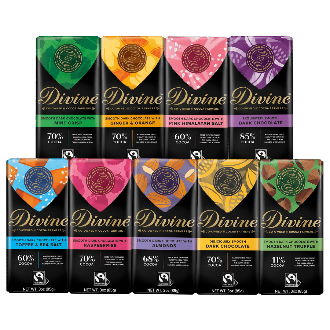 A 9-pack assortment of Divine Chocolate Company dark chocolate bars in colorful packaging, arranged in two rows against a white background.