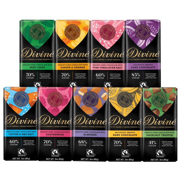 A 9-pack assortment of Divine Chocolate Company dark chocolate bars in colorful packaging, arranged in two rows against a white background.